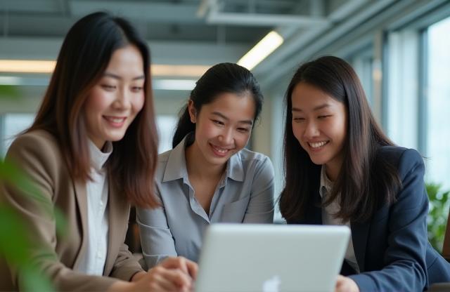 Diverse team collaborating around a laptop in a modern office