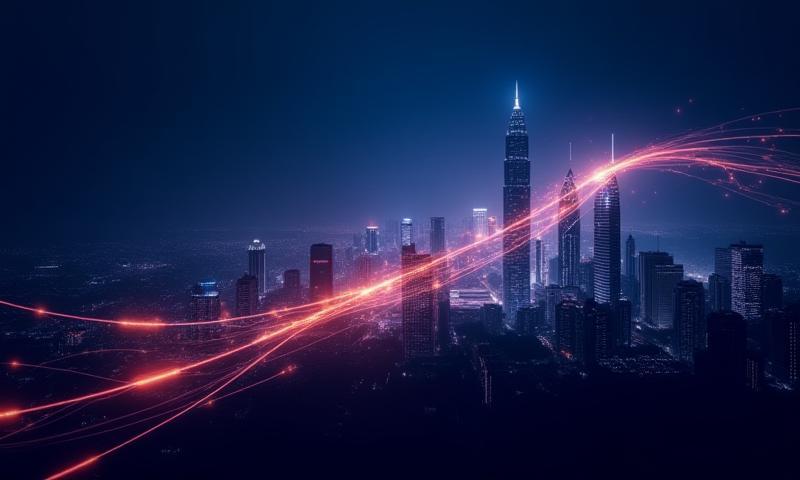 Abstract digital marketing concept with glowing lines and modern cityscape background